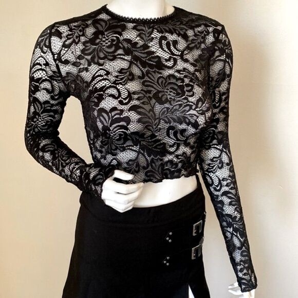 Dolls Kill Brand Current Mood Black Sheer Lace Long Sleeve Layering Top - Picture 2 of 6